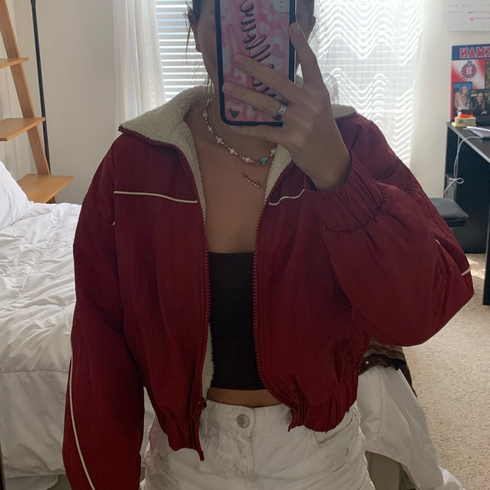 red cropped bomber jacket